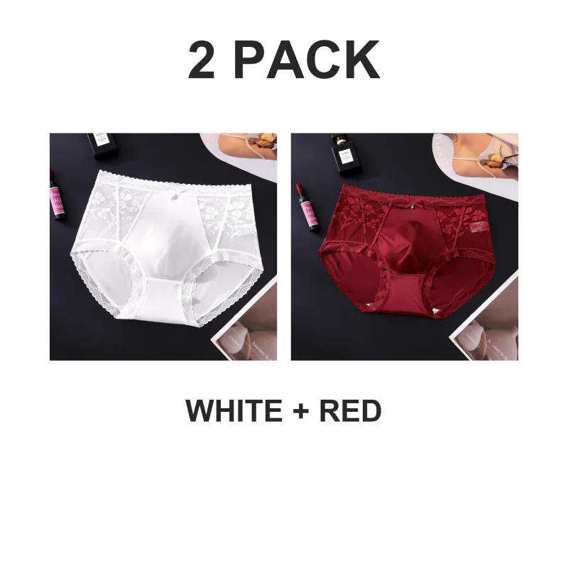 2 Pack Mens Mid Rise Satin Lace Briefs 3D Pouch Rhinestone Bow High Elastic Scalloped Trim Smooth