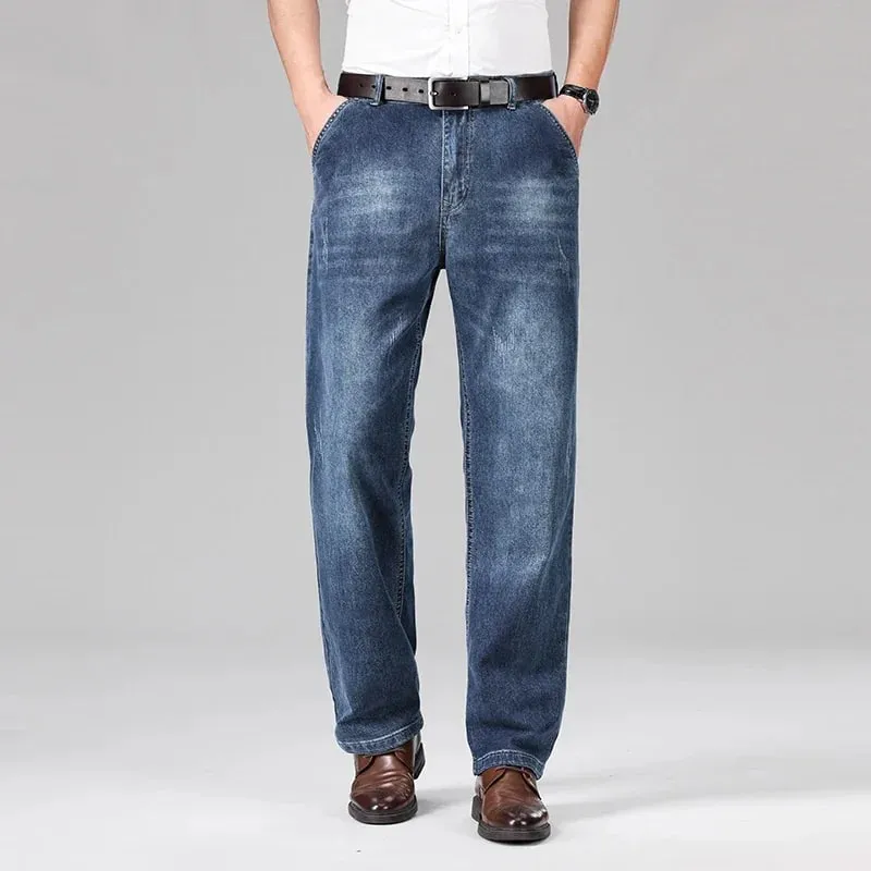 2026 Summer Men's Business Casual Thin Straight Jeans 90% Cotton Soft Stretch Fabric Baggy Denim Pants Male Brand Trousers