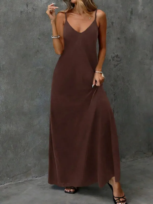 2026 Casual and Elegant Solid Color Suspender V-Neck Sleeveless Loose and Comfortable Backless Dress Long Skirt — image 2