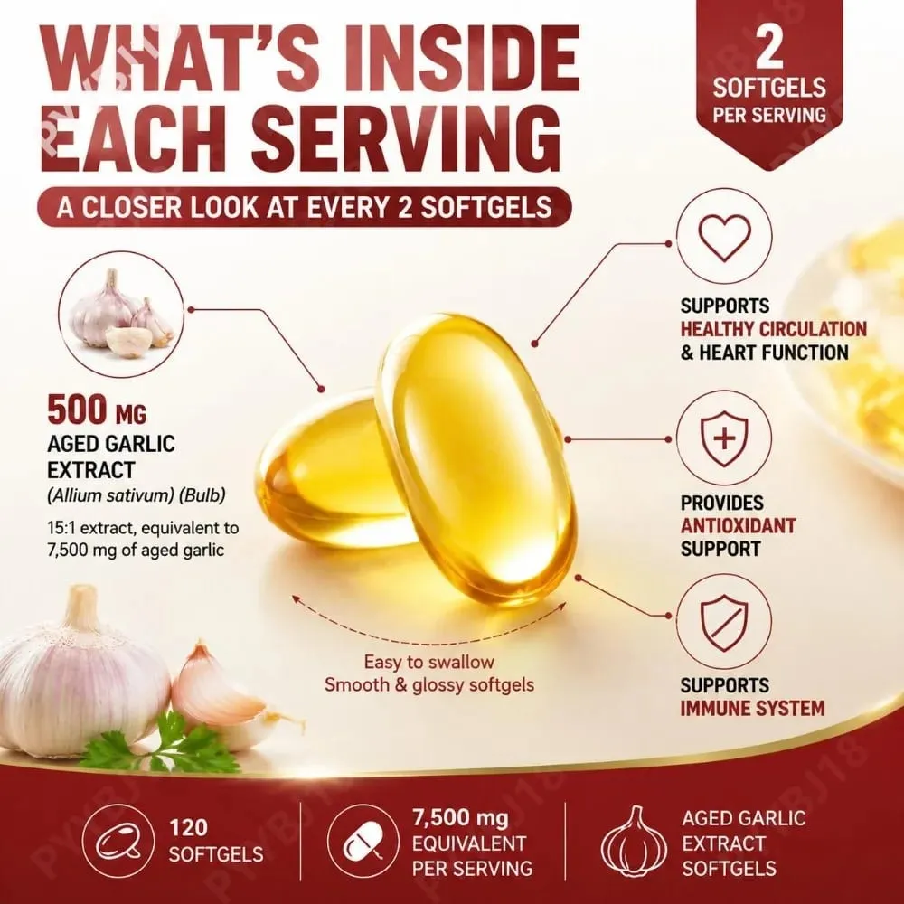 Aged Garlic Extract Softgels 7500mg Equivalent per Serving for Circulation & Heart Function Antioxidant & Immune Support 120Ct — image 6