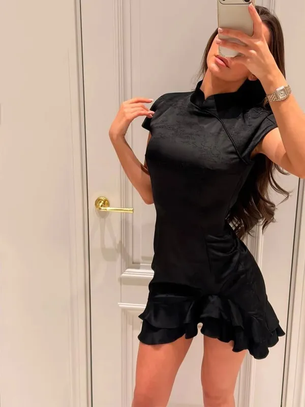 Chic Strawberry Print Ruffle Dress 2026 Deep V Neck Long Puff Sleeve Ruched Waist Mini Dresses Spring Sweet Café Meetup Vestido — image 19