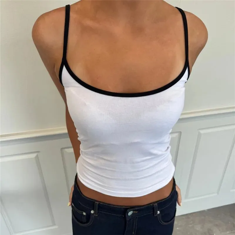 hirigin Y2K Color Block Trim Cami Top White Piping Spaghetti Strap Slim Fit Tank Solid Color Casual Streetwear Going Out Tops — image 5