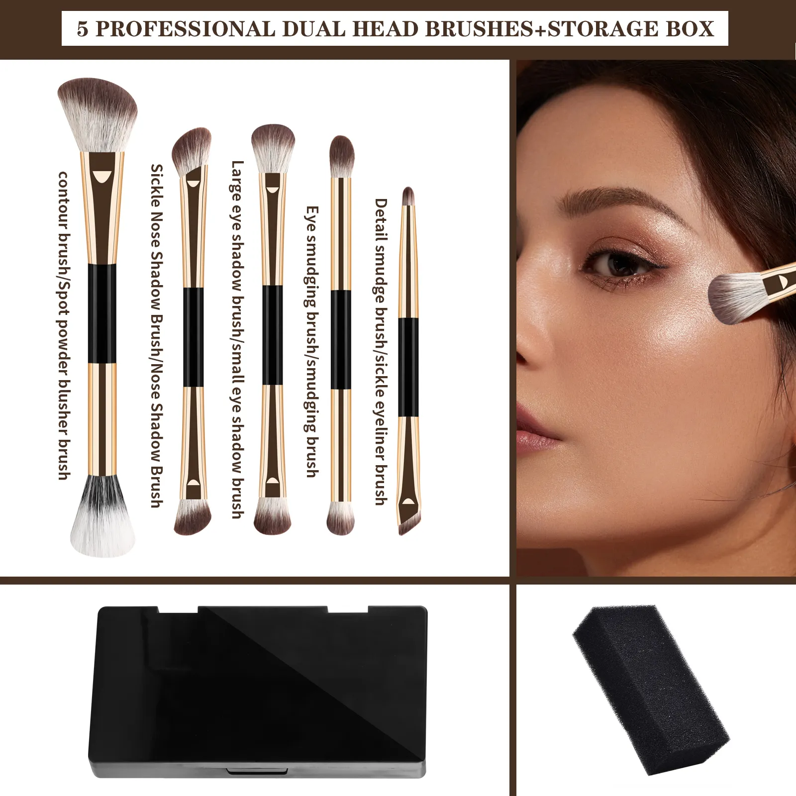 5Pcs Dual Ended Face Eye Brush Kit With Storage Box Blush Detail Eyeliner Brushes For Travel Touch Up — image 3