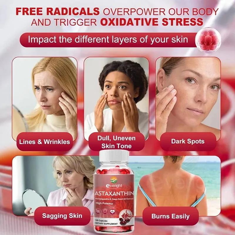 Astaxanthin Supplements 24mg Fresh Microalgae Source Grape Seed Oil Ashwagandha - Antioxidants for Healthy Skin Eyes Aging — image 3