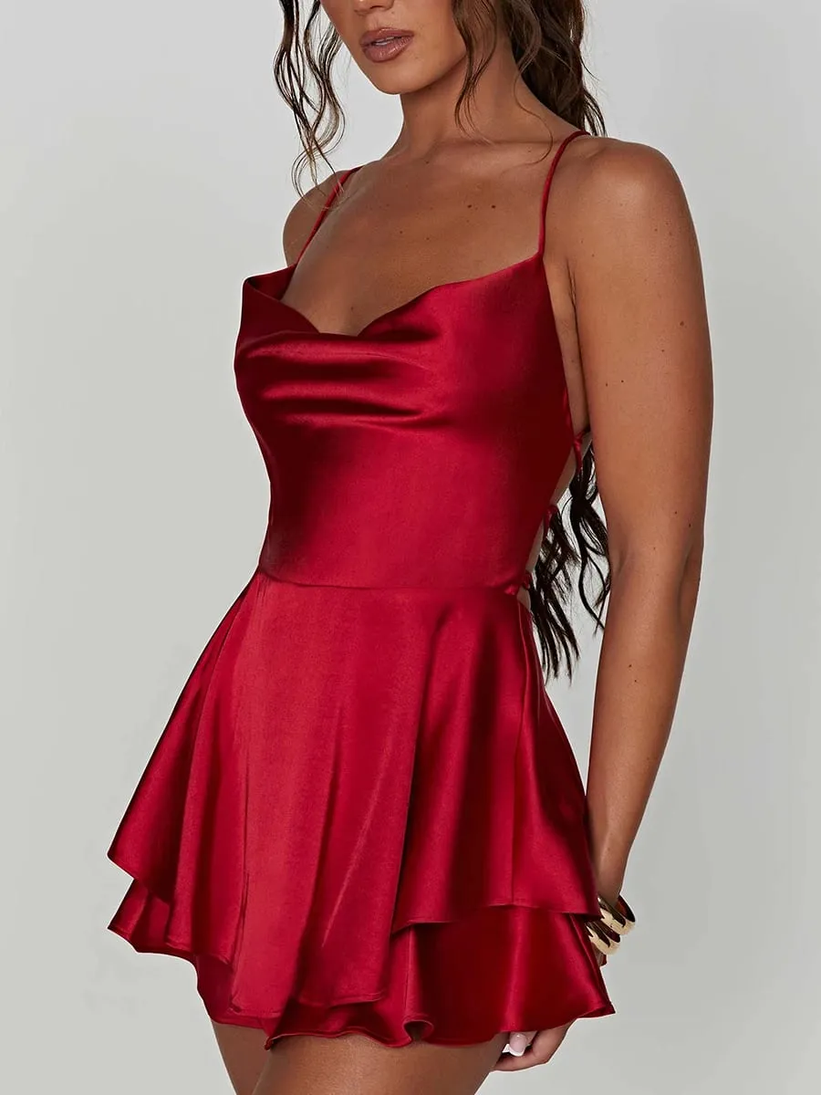 Satin Silk Women Sexy Cami Playsuits Dress Solid Cowl Neck Sleeveless Short Jumpsuits Summer Cross Tie-Up Backless Romper — image 5