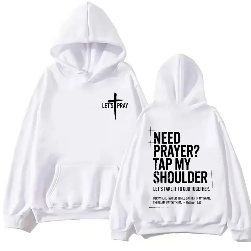 Need Prayer Tap My Shoulder Bible Verse Print Hoodie Fashion Vintage Hooded Sweatshirts Men Women Casual Loose Fleece Pullovers — image 2