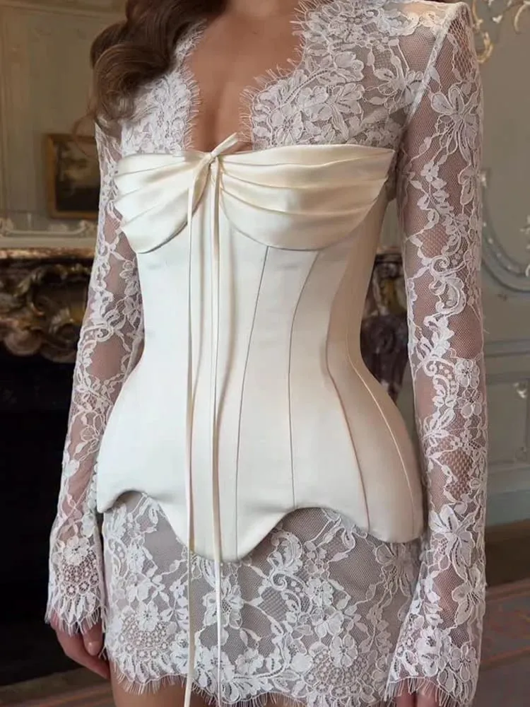Sexy Lace Patchwork Dress Women Solid V-neck Fishbone Corset Slim Waist Long Sleeve Mini Dresses 2026 Summer Lady Party Gown — image 2