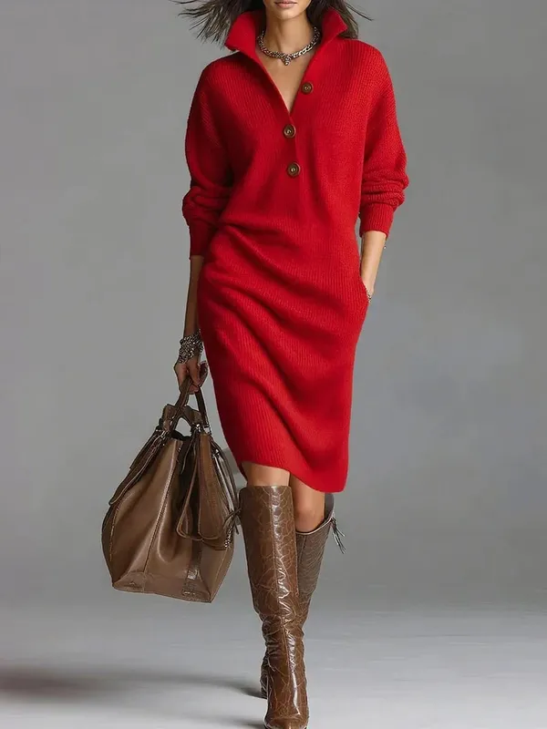 New Autumn Casual Button Loose Straight Knitting Mid-Length Sweater Dresses Women's Fashion Lapel Long Sleeve Pocket Party Dress — image 9