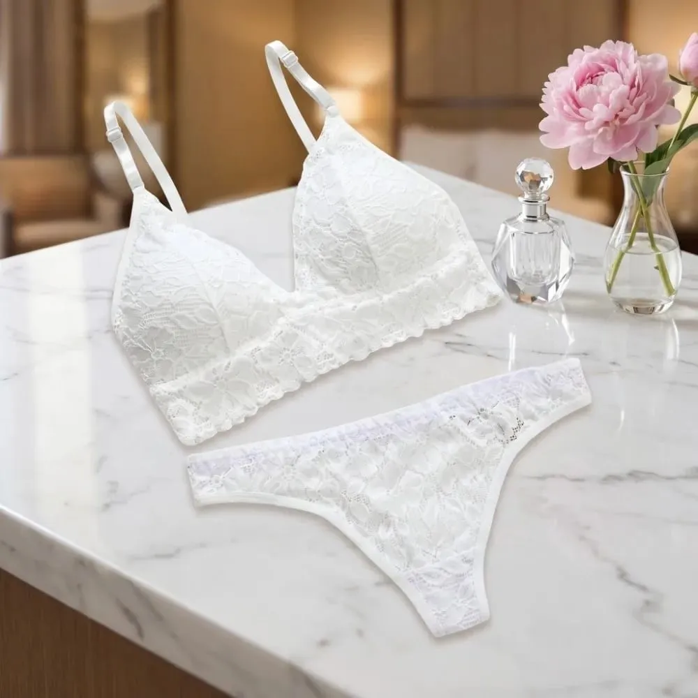 V Neck Lace Flower Bra Set Thong Solid Color Floral Panties Bra Kit Transparent Lingerie Lace Underwear Valentine's Day Gift — image 3