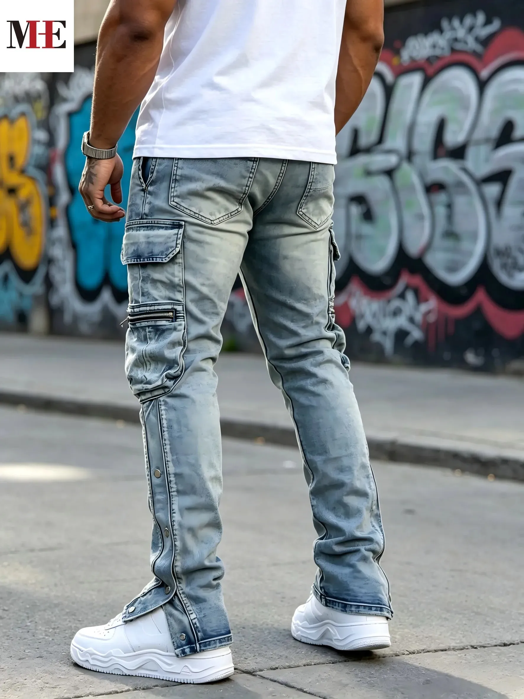 HME Men's Flared Denim Pants Light Blue Vintage Jeans with Rips & Zipper Hem for Casual Style — image 4