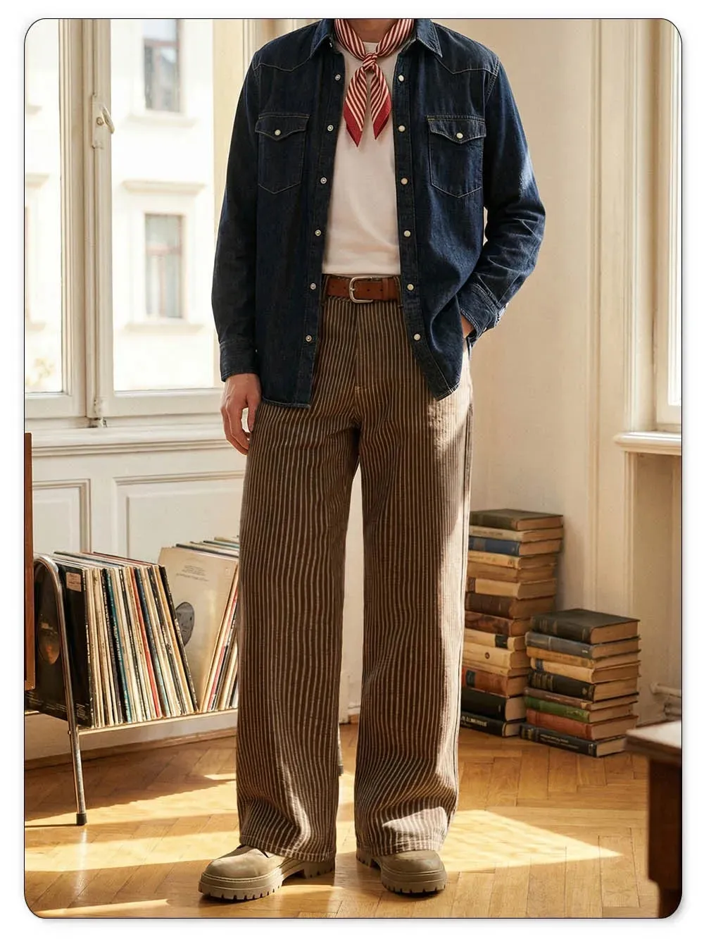Japanese Korean Vertical Striped Jacquard Wide-leg Jeans British Retro Striped Business Casual Baggy-Fitting Denim Pants — image 7