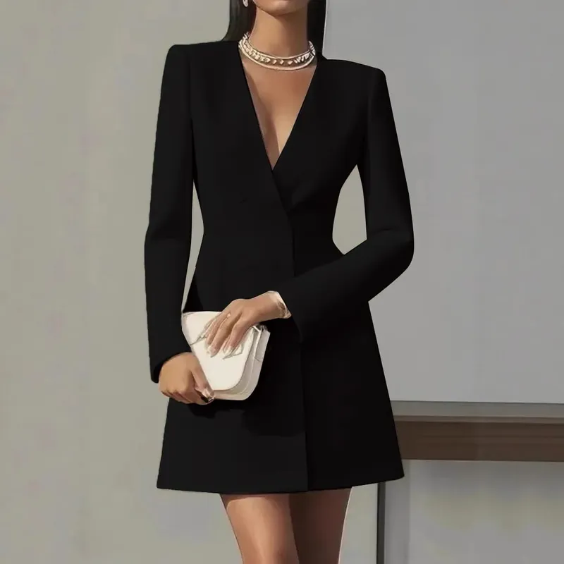 Autumn Double Breasted Solid Color V-Neck Office Suit French Long Sleeved Elegant Slim Fit Blazer Dress for Woman — image 3