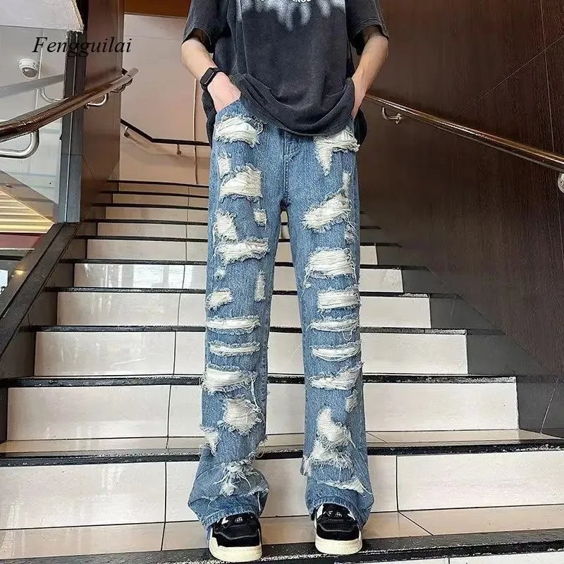 Vintage All-Over Ripped Baggy Jeans for Men Heavy Distressed Washed Blue Denim Streetwear Pants — image 3
