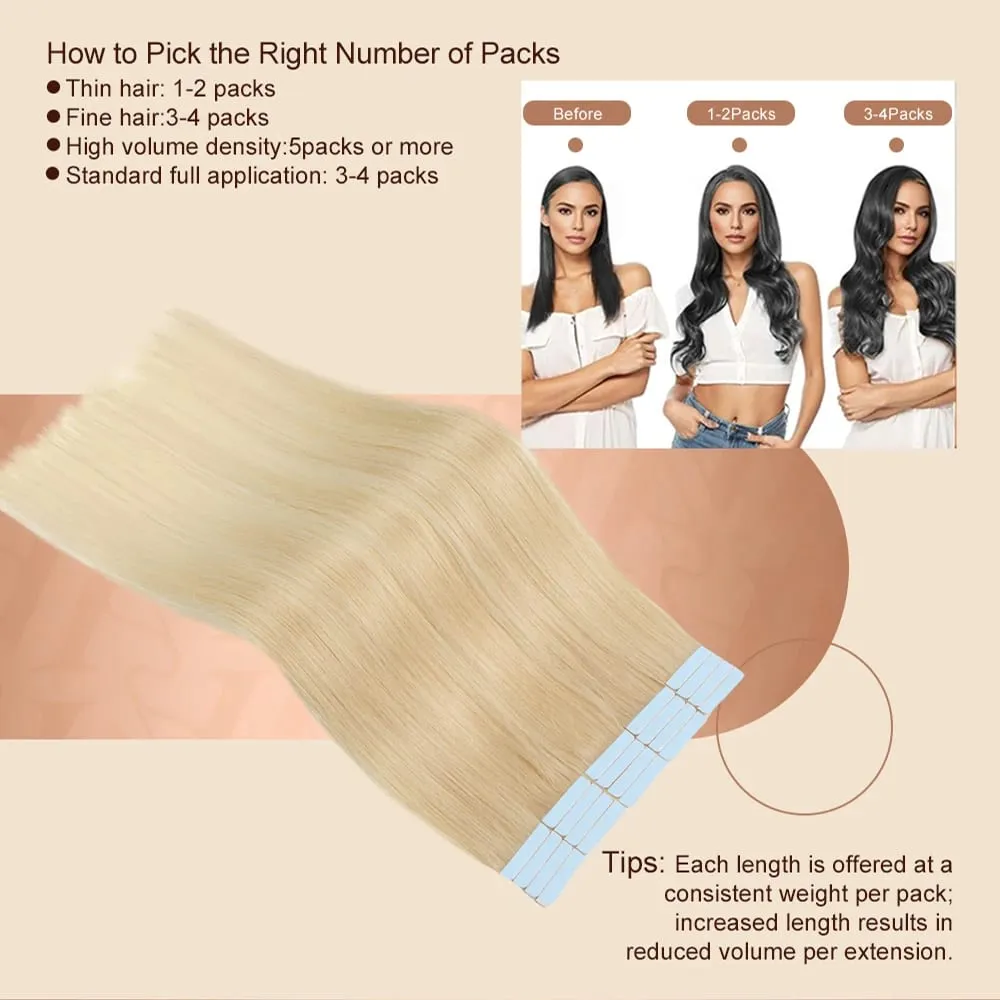 Blonde Tape in Hair Extensions Human Hair Platinum #60 Straight Seamless Skin Weft Tape in Real Human Hair Extensions 50G — image 5