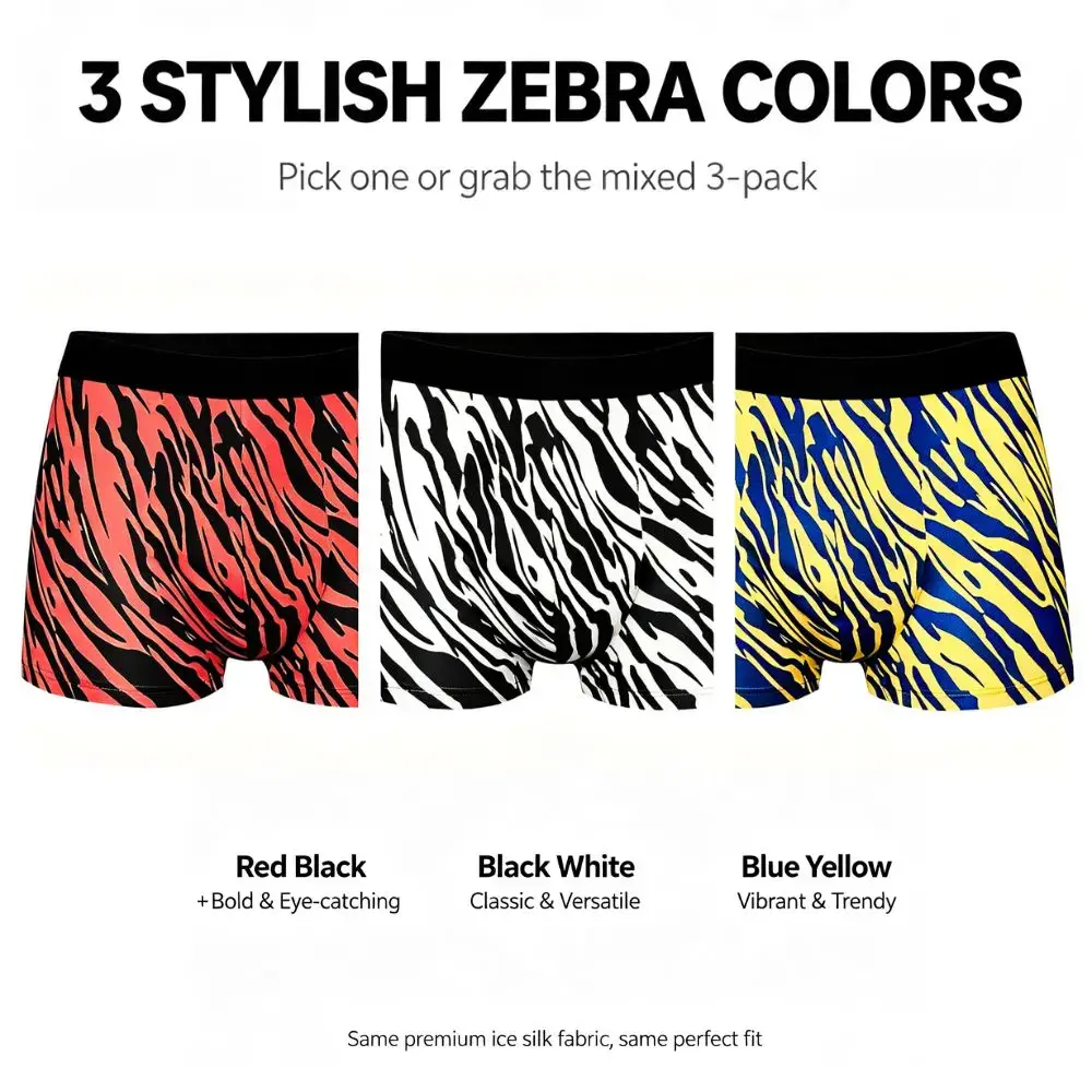 1/3Pcs Set Men's Zebra Print Ice Silk Boxer Briefs Quick Dry Breathable 3D Pouch Anti-Chafe Underwear for Gym Office Daily Wear — image 3