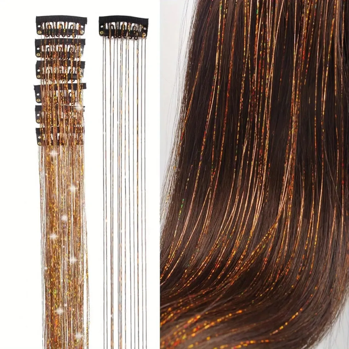 6Pcs Synthetic Hair Tinsel Clip in 20Inch Glitter Tinsel Hair Clip in Hair Tinsel Kit Heat Resistant Shiny Sparkle Fairy Hair — image 9