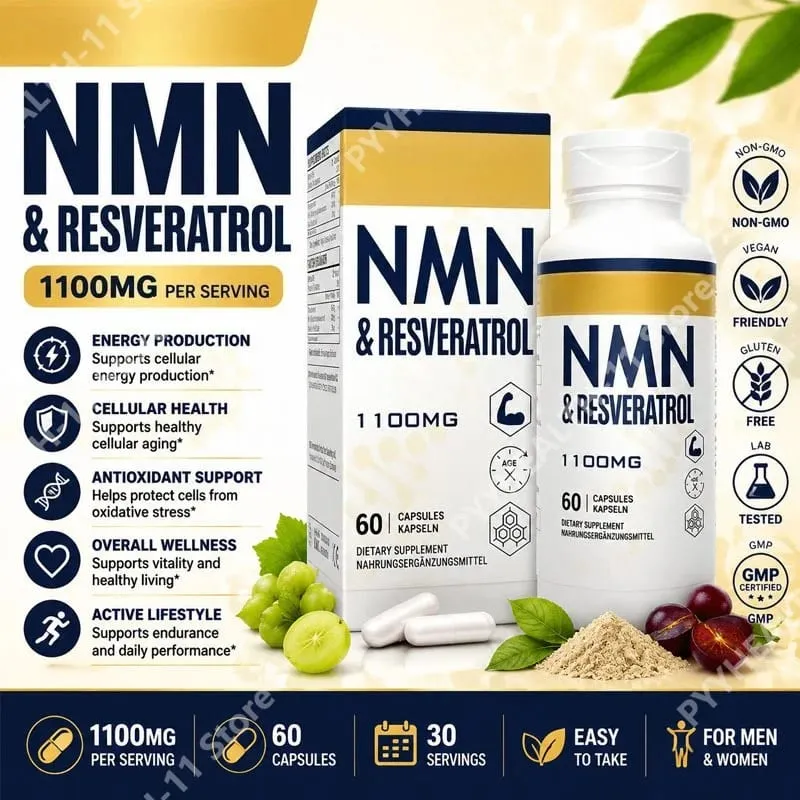 NMN & Resveratrol Capsules Antioxidant Complex Supplement with Black Pepper Extract 1100mg 60 Capsules — image 1