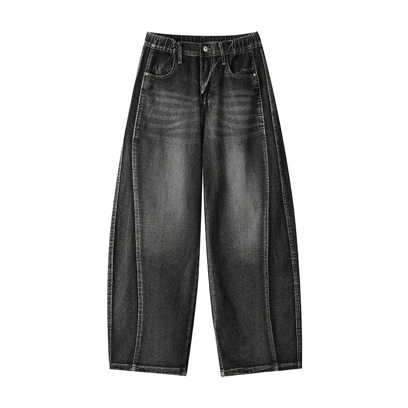 Plus Size Men's Curved Denim Jeans Retro High Street Washed Splice Loose Floor-Length Baggy Streetwear Trousers