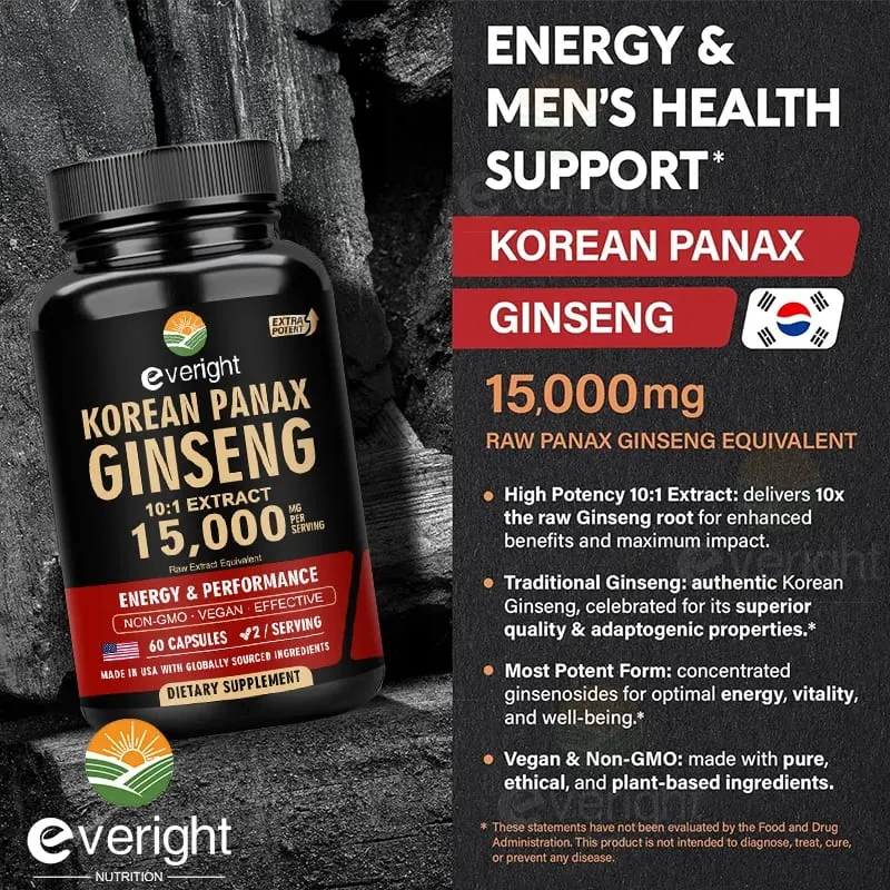 Red Korean Ginseng Supplement for Men - Extra Strength 10:1 Extract - Energy Focus Productivity Performance - Natural & Vegan — image 3