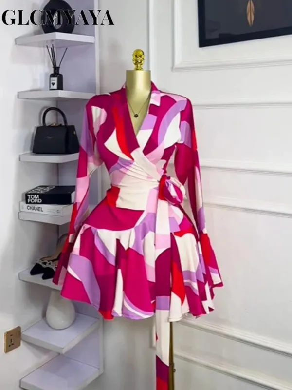 Women Tie Dye Print Flare Long Sleeve Wrap V-neck with Sashes Ruffle Dress 2026 Elegant Vacation Party Birthday Dresses — image 4