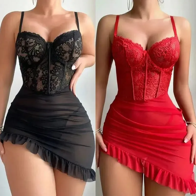 Women's Lace See Through Underwire Bra Set Sensual Intimate Nightdress Pajamas for Nightwear & Special Occasions — image 1