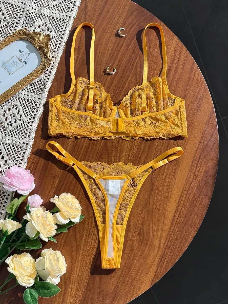Yellow Lace Floral Ladies' Ultra-Thin Bra Set 2-Piece Combo with Bra And Underwear for Comfortable Undergarment Wear — image 5