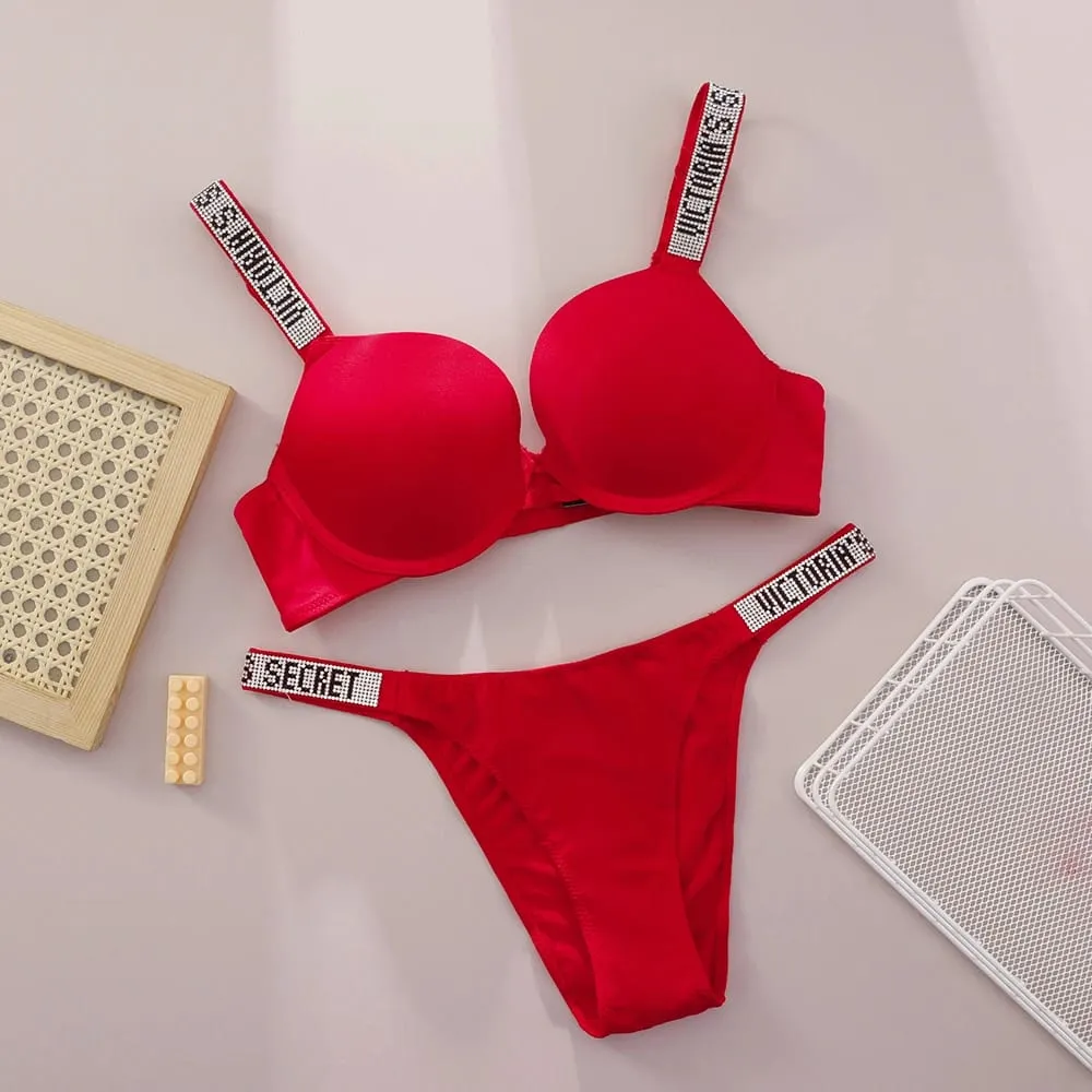 Victoria Secret Sexy Women Underwear Very Sexy Logo Shine Strap Push Up Bra Shine Script Thong Panty Set Hot — image 3