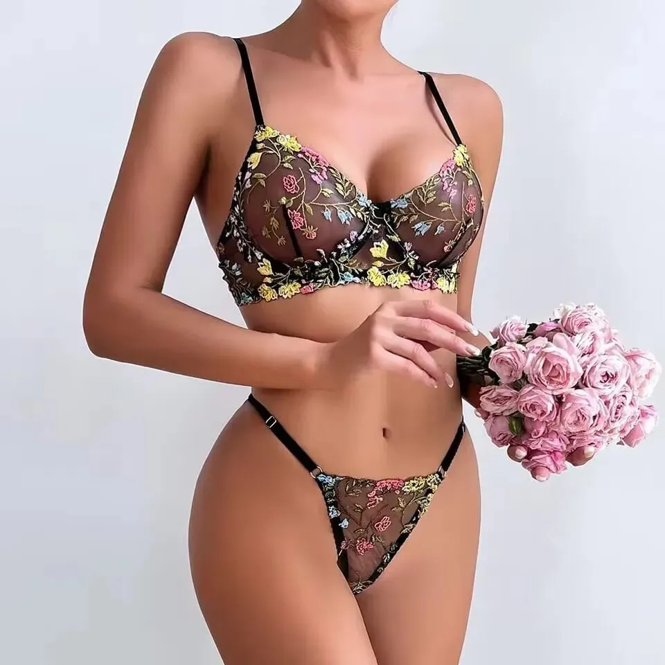 Embroidered Floral Contrast Lingerie Set with Underwire Bra and Thong — image 6