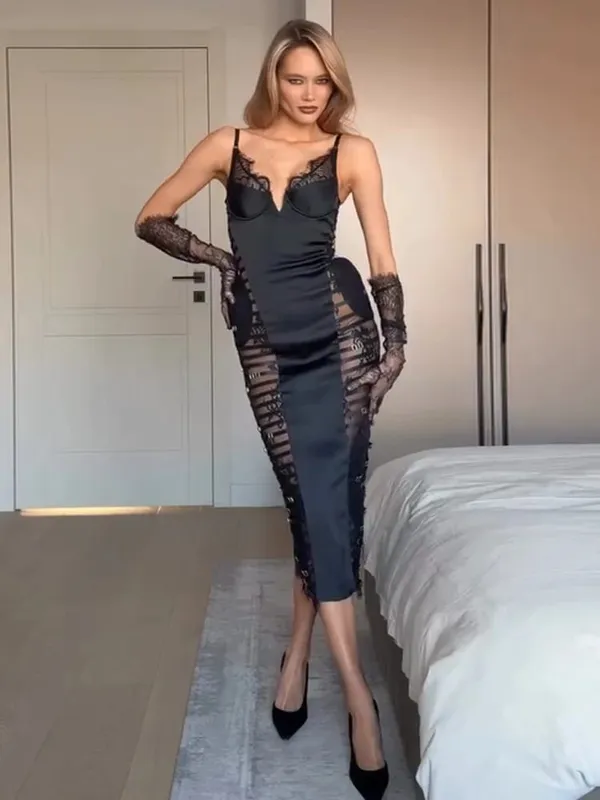 Sexy Satin Lace Patchwork Dress Women Chic Sleeveless See Through Short Sling Dresses 2026 Lady Fashion Party Club Outfits New — image 9