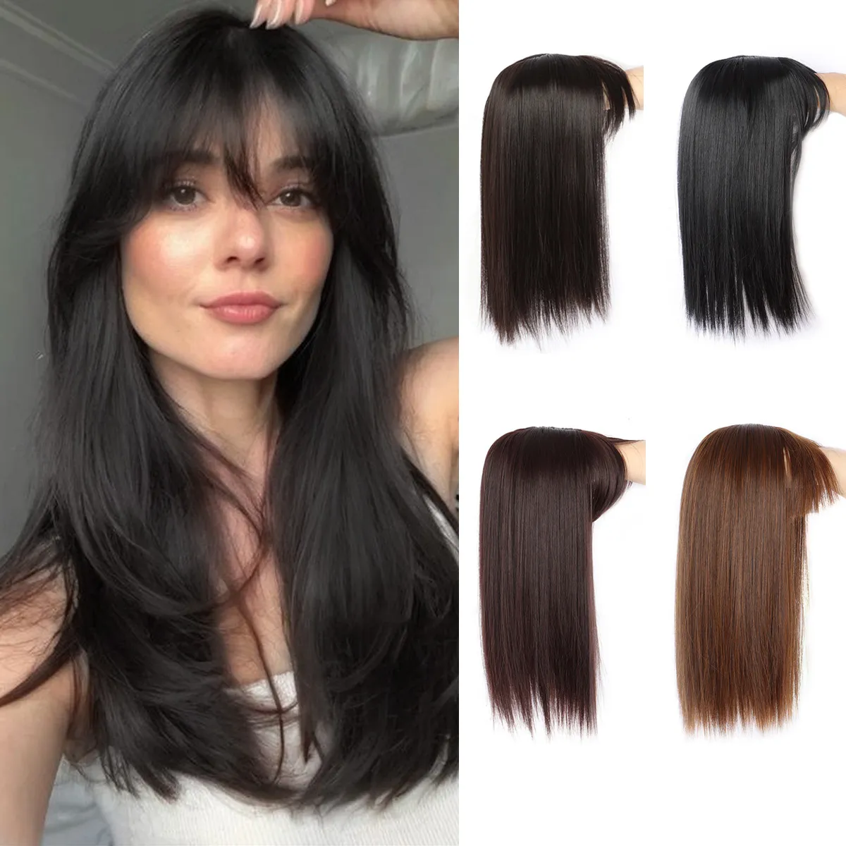 Synthetic 16inch Straight Topper Hair with 3 Clips for Women Hairpieces for Thinning Hair Featuring Bangs Easy to Wear — image 1