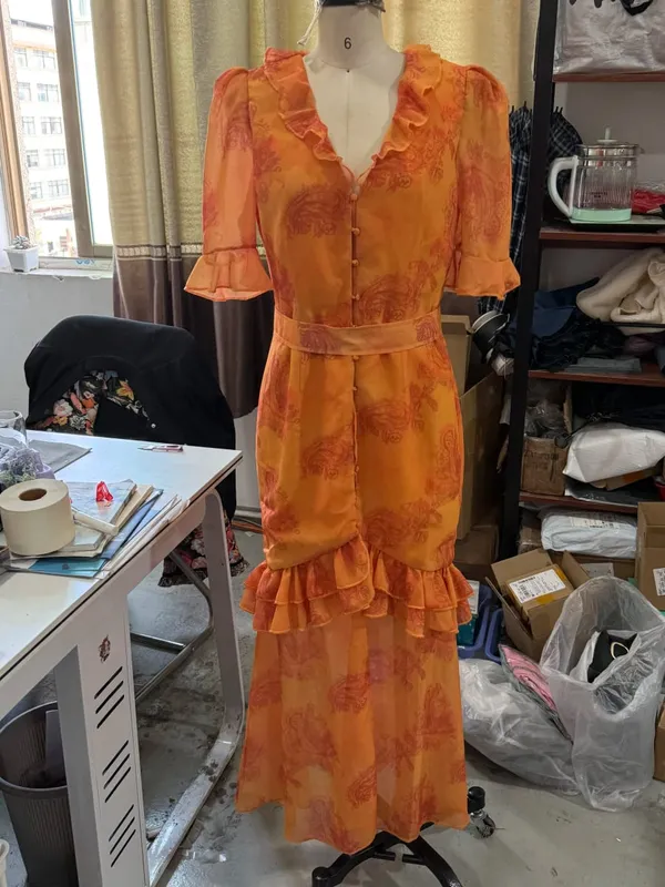 Floral Print Ruffle V Neck Waist Cinching Long Dresses Split Hem Single Breasted Maxi Dress 2026 Party Beach Vacation Vestidos