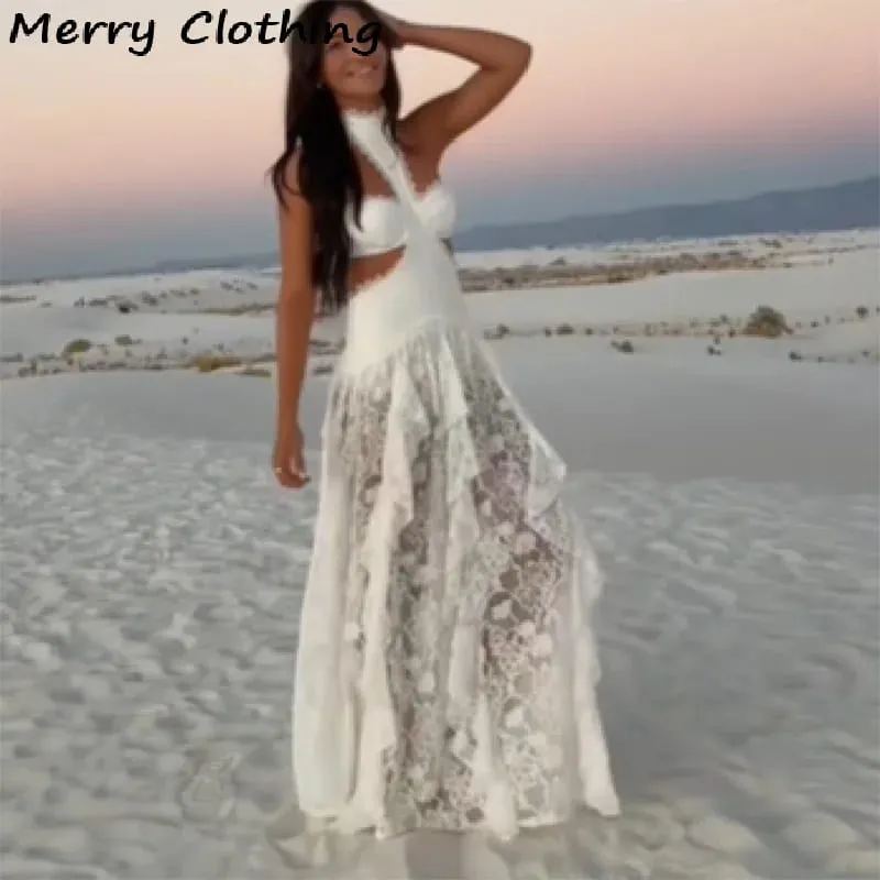 Sexy Lace Patchwork Dress Women Hollow Out Sleeveless Party Club Long Skirt See Through Halter Evening Gown Vacation Lady Robes — image 4