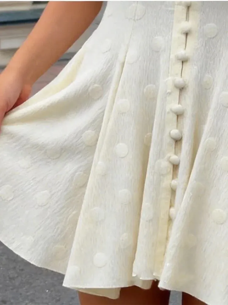 Solid Polka Dot Women's Mini Dress Deep V Neck Puff Sleeve Pleated Front Button A-line Short Dresses Elegant Party Lady Gown — image 3