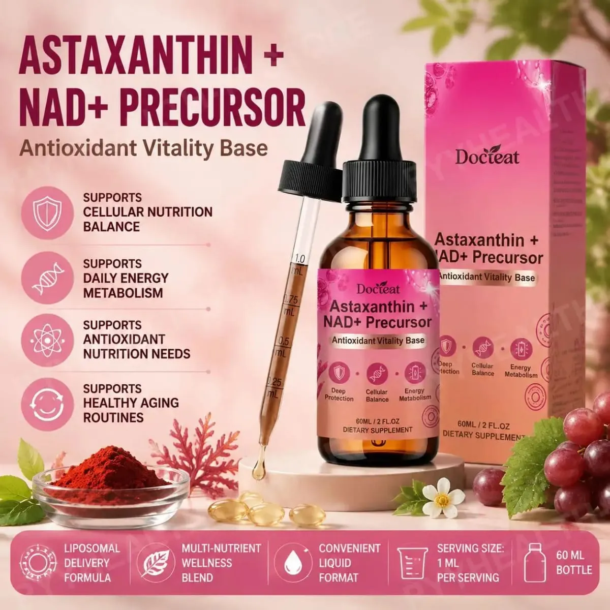 Docteat Astaxanthin+ NAD+ Precursor Liquid Supports Cellular Nutrition and Energy Metabolism Antioxidant Vitality Base 60 Ml — image 2