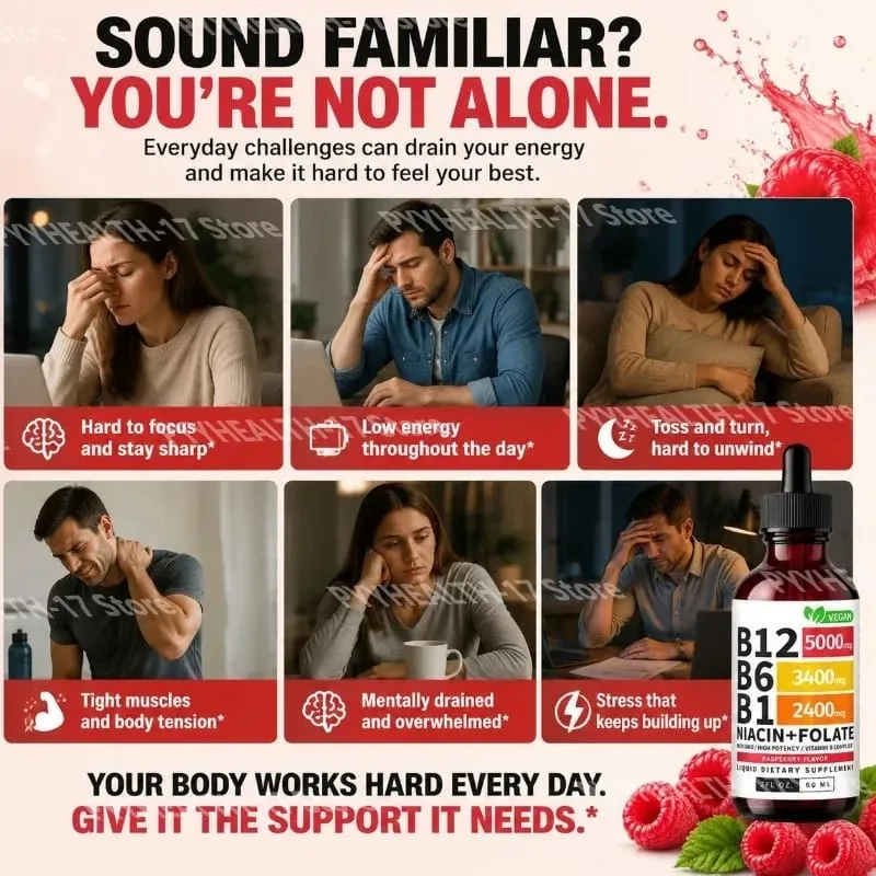B12 B6 B1 Niacin Folate Liquid Sublingual Vegan B-Complex Drops for Daily Energy and Focus Support Raspberry for Men Women 60 ML
