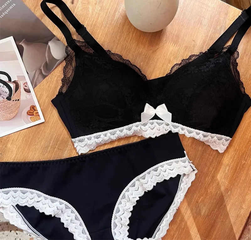 French Lace Bra Wireless Push Up Bralette for Small Bust Adjustable Straps Anti Sagging Support Sexy Lace Up Lingerie Panty Set — image 11