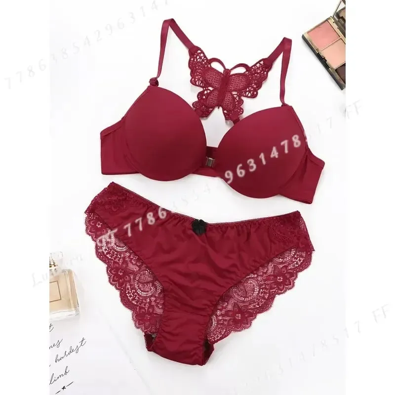Sexy Red 2 Piece Lingerie Set Front Button Push Up Bra Beautiful Butterfly Back Fashion Women Underwear A2120 — image 1