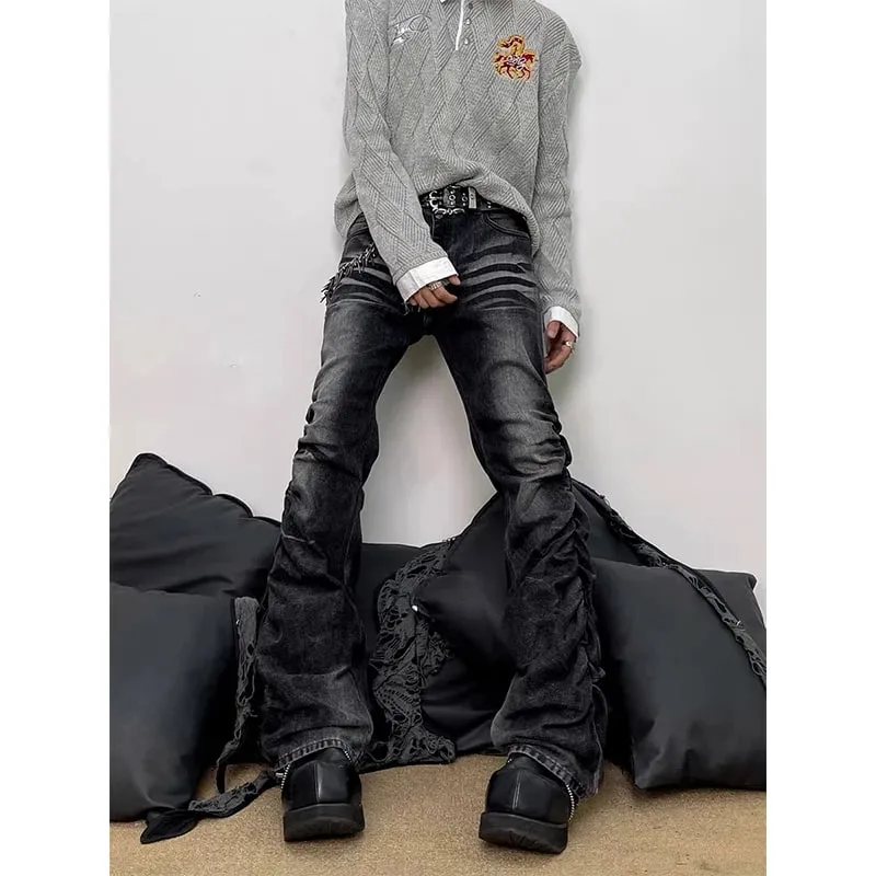 Spring Men's Flare Cargo Jeans Black Harajuku Japanese Low Rise Denim Pants Abi Y2k Bell Bottom American Retro Gyaru Bootcut New — image 4