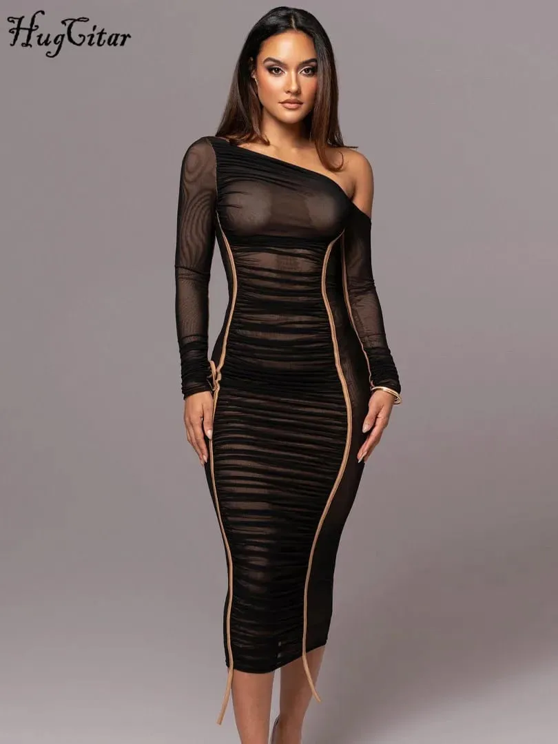 Hugcitar Mesh Kolar pepenjuru Pepejal Lengan Panjang Terbungkus Seksi Gaun Maxi Bodycon Terlihat Melalui Kelab Pesta Pakaian Fesyen Musim Panas — image 6
