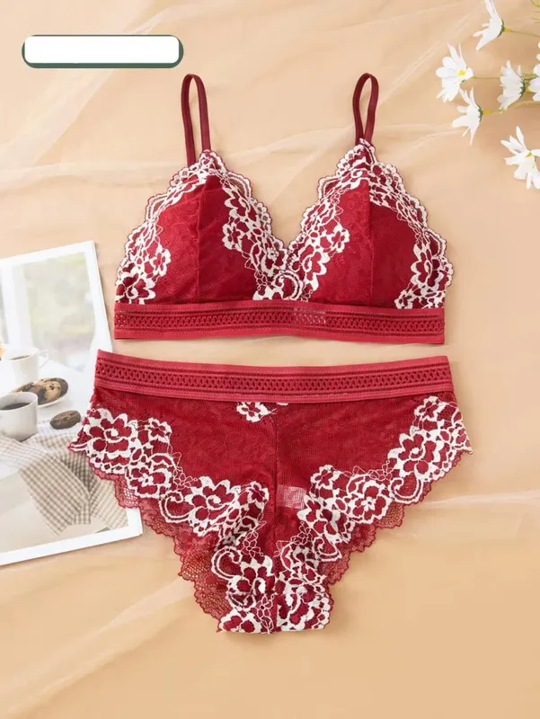 Sexy Lace Lingerie Set Thin Mold Cup No Steel Ring Comfortable Push Up Bra Set For Women