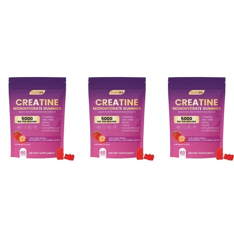 BushAid Creatine Monohydrate Gummies pro regeneraci svalů po tréninku s multi-kolagenovou směsí BCAA a Zinc 60 Gummies