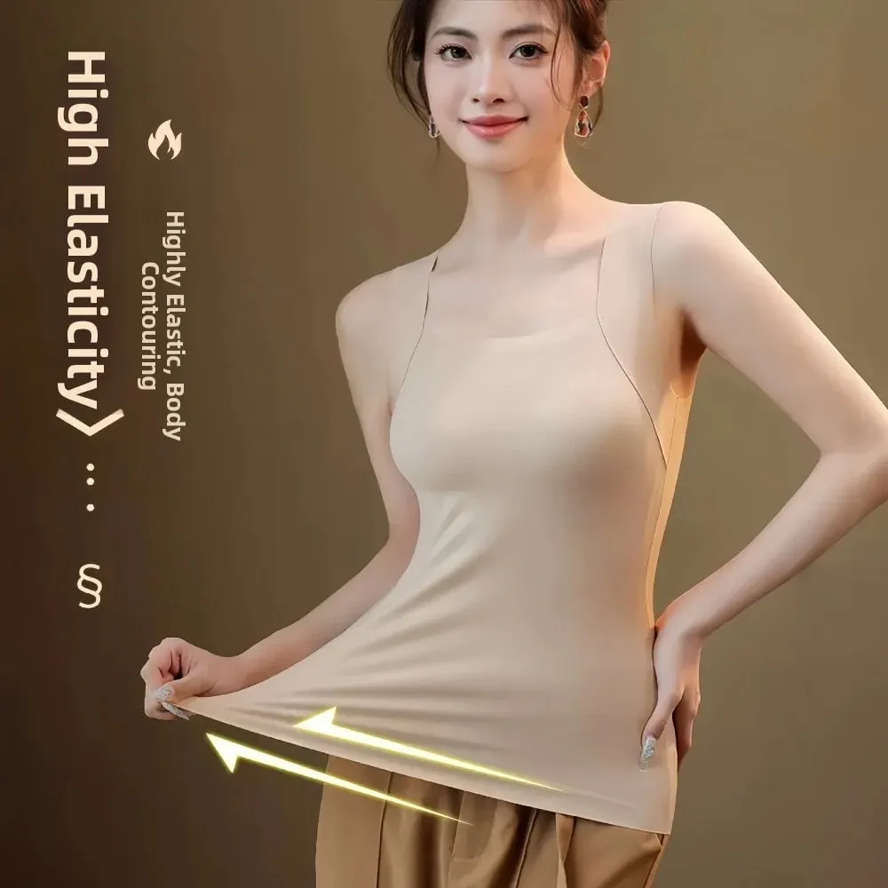Built-in Bra Seamless Camisole Fixed Cup Solid Color Thermal Vest Stretchy U Neck Bottoming Underwear Multi-layer Wear — image 3