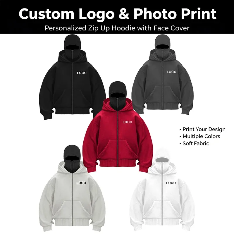 DIY Design Double-hooded Zipper Hoodies Men Customized Printed Long Sleeve Zip Up Sweatshirts Women Ninja Mask Pullovers Jacket — image 2