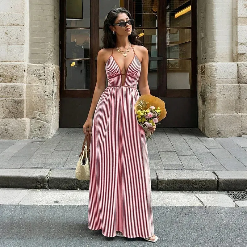 2026 Summer New Style Deep V-neck Striped Beach Dress Sexy Backless Sleeveless Neckline Long Dress — image 5