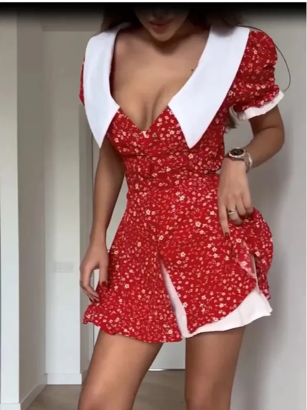 Sexy Flora Painted Ruffle Slim Dress Women Full Sleeves Deep V-neck A-line Short Dresses 2026 Lady Chic Night Club Street Gown — image 5