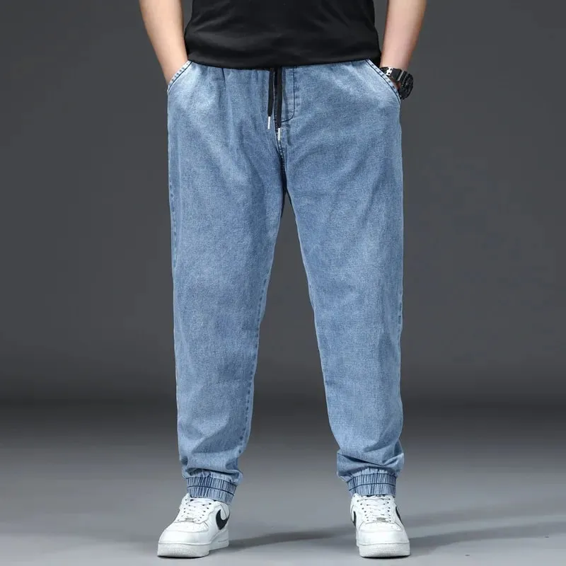 Men's Elastic Waist Loose Straight Jogger Jeans Plus Size Cuffed Ankle Denim Pants pantalones hombre Casual Trousers