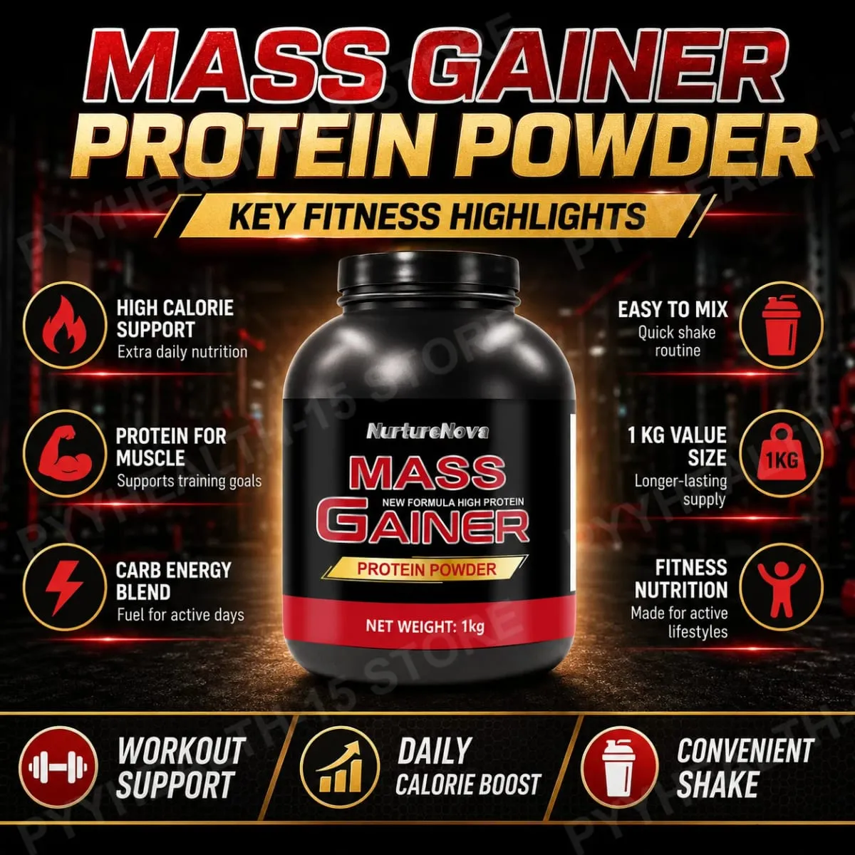 Mass Gainer Protein Powder 1kg Chocolate Flavor Carb Protein Shake Mix for Adults Fitness Nutrition Approx 20 Servings — image 2