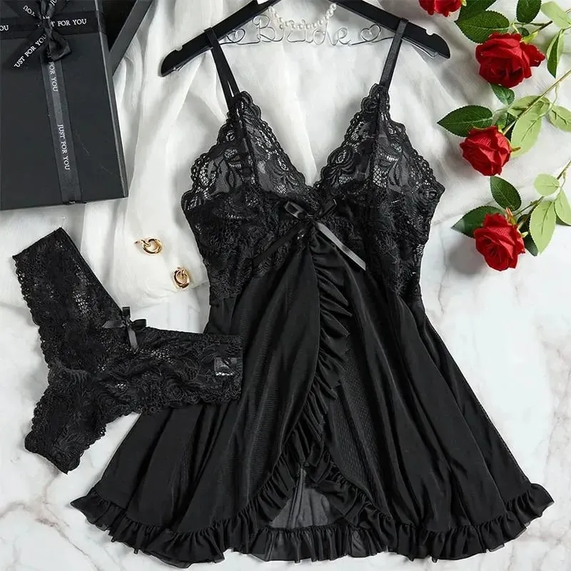 A Set Of Woman Underwear Nightgown Thong Sets Plus Size Suspender Lace Lingerie Sexy Accessories Erotic Bra Nightdress