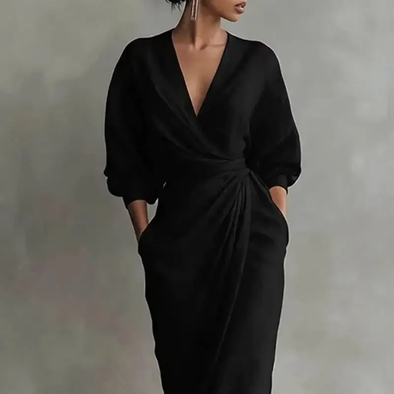 Women's Sexy V Neck Wrap Waist Dresses 2026 Spring Casual Solid Slim Bodycon Hips Elegant Long Sleeve Slit Maxi Dress — image 6