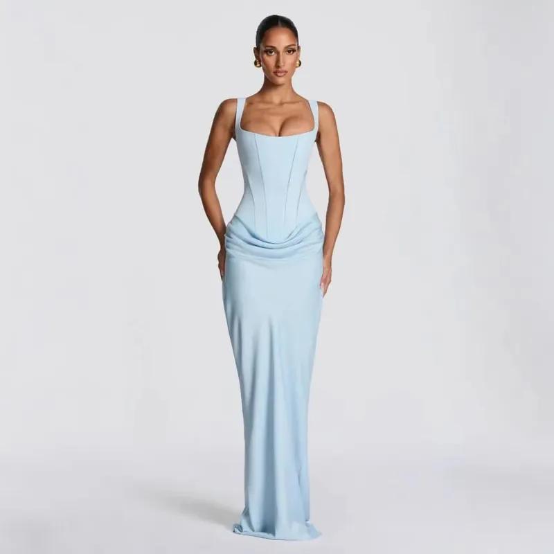 Ladies' formal square neck sleeveless waist cinching design with pleated fish tail long skirt for dinner party slimming dress — image 5